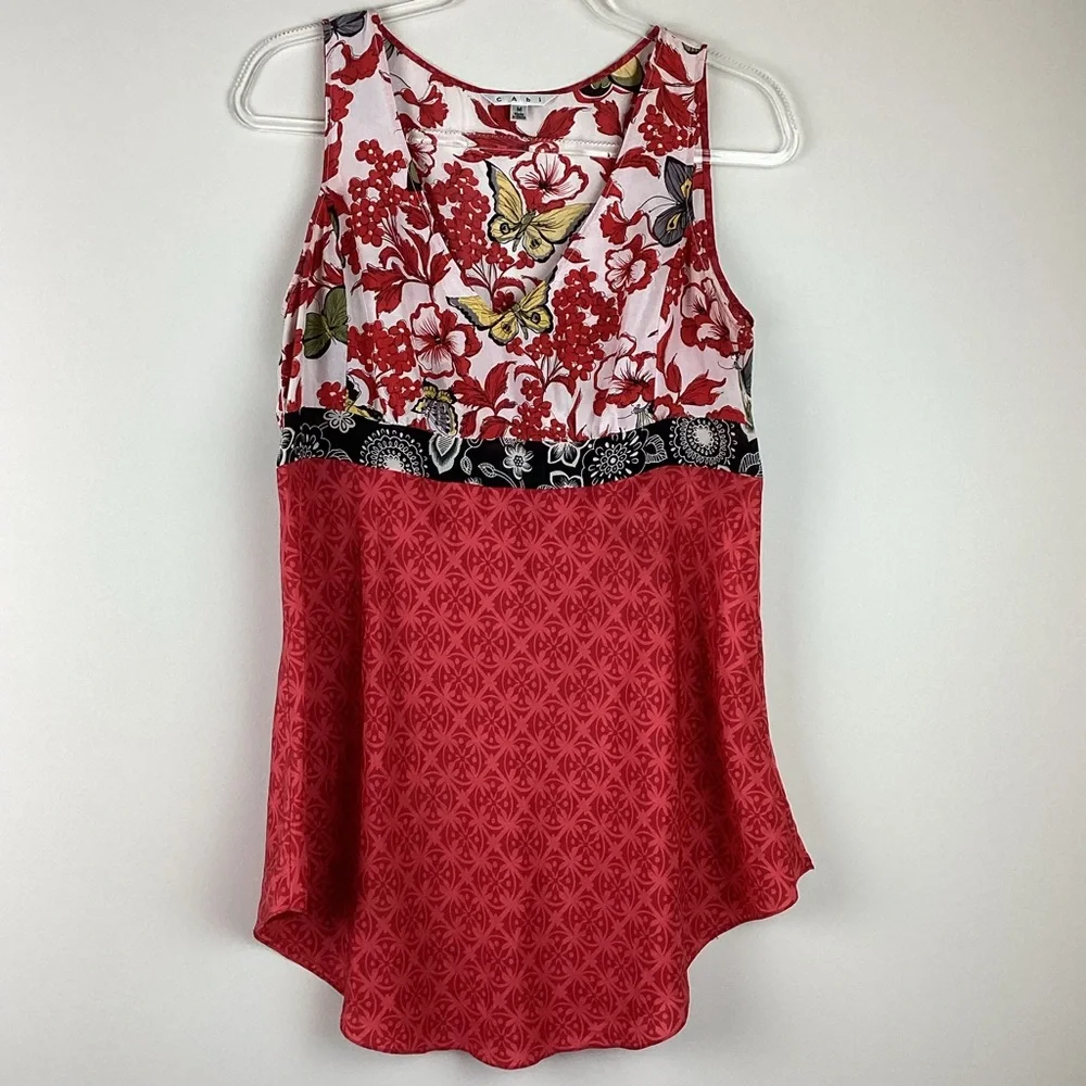 CAbi Red Silk Floral Butterfly Red Sleeveless Top | Medium